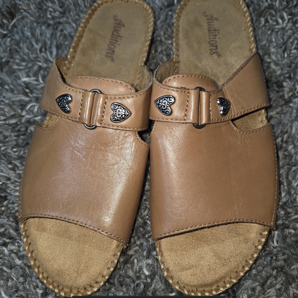 Auditions Brown Leather Slide Sandals with Heart Studs